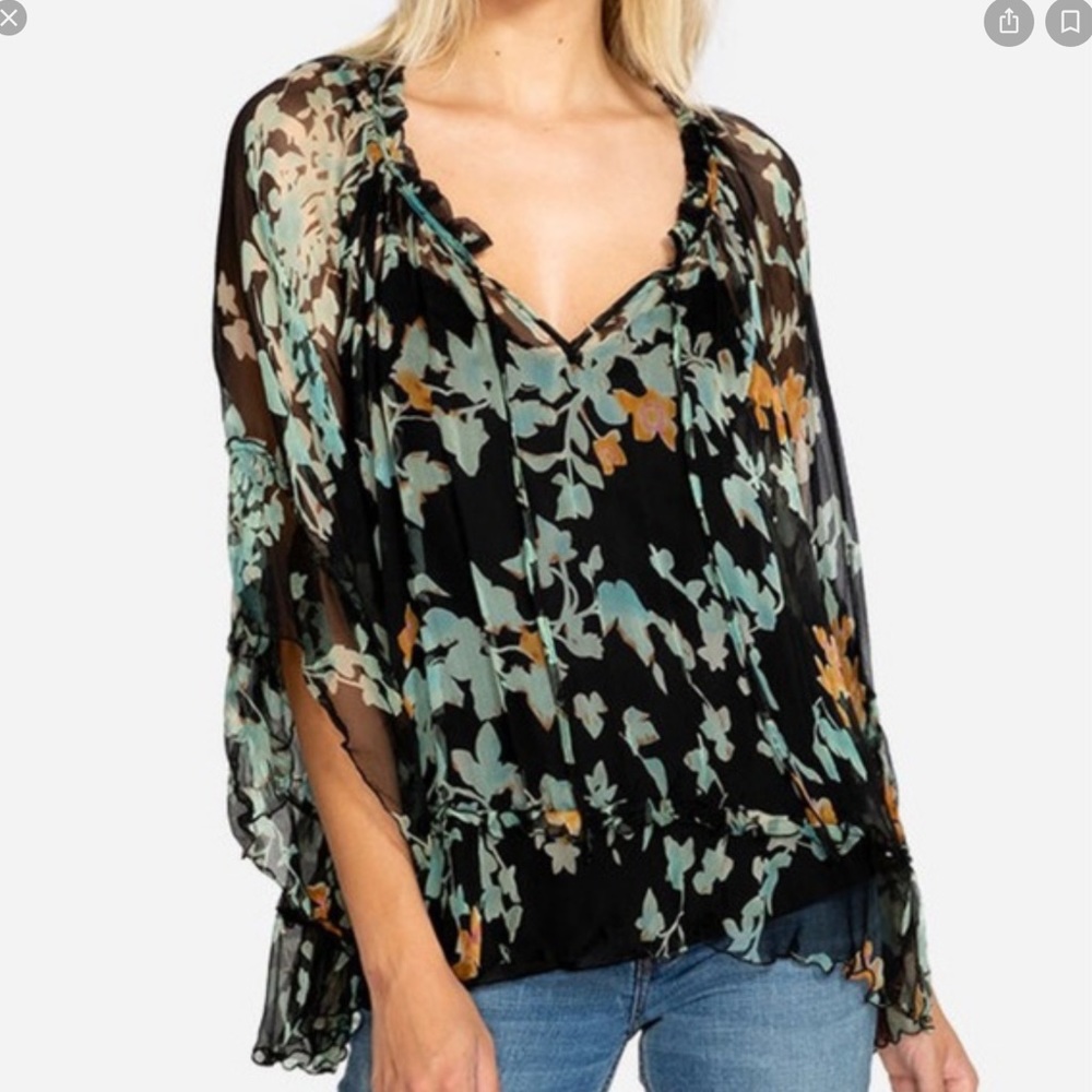 JOHNNY WAS Lindsay Flowy Floral Shear Silk Top Black Teal NWT - Picture 3 of 16
